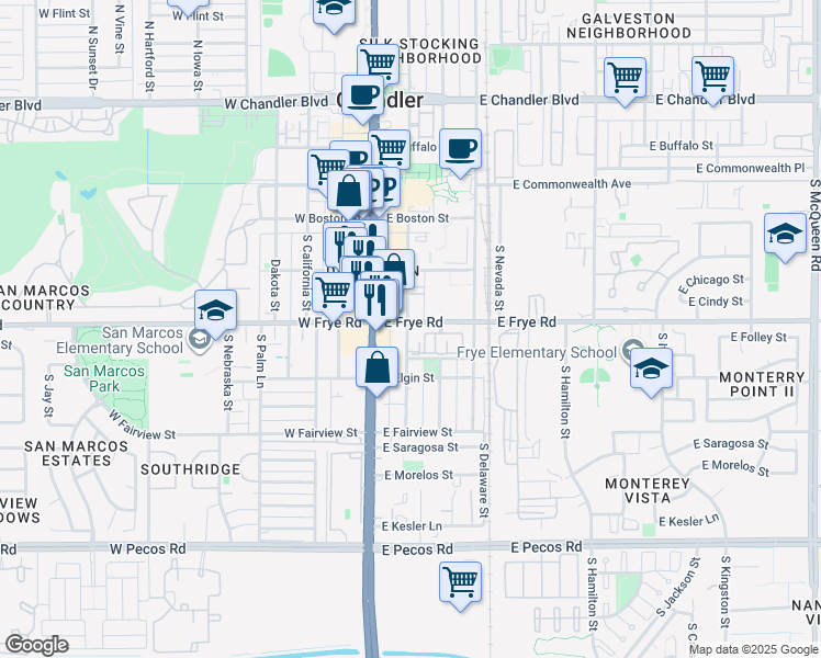 map of restaurants, bars, coffee shops, grocery stores, and more near 133 East Frye Road in Chandler