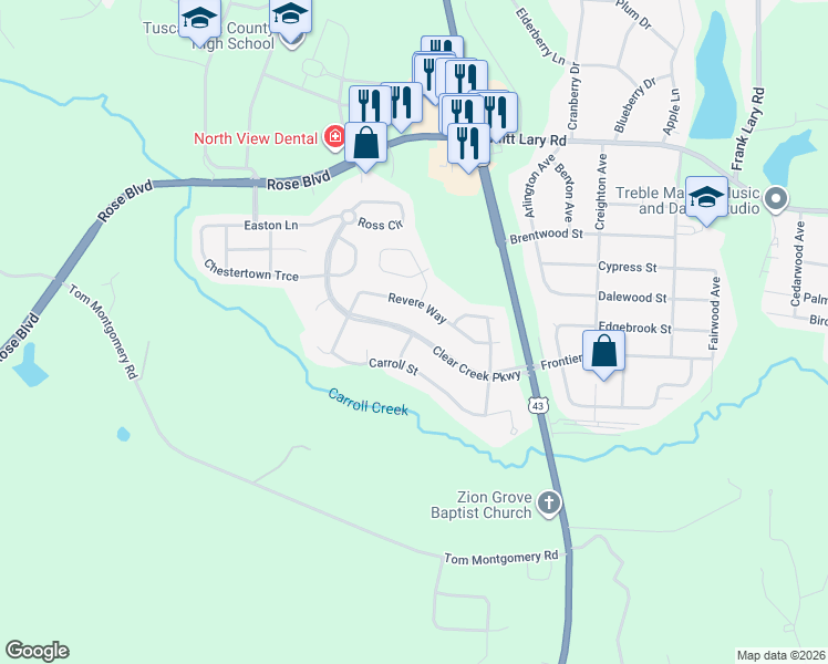 map of restaurants, bars, coffee shops, grocery stores, and more near 4504 Clear Creek Parkway in Northport