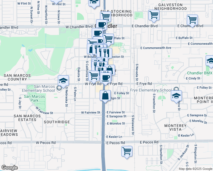 map of restaurants, bars, coffee shops, grocery stores, and more near 303 Arizona 87 in Chandler