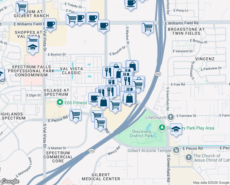 map of restaurants, bars, coffee shops, grocery stores, and more near 2870 South Market Street in Gilbert