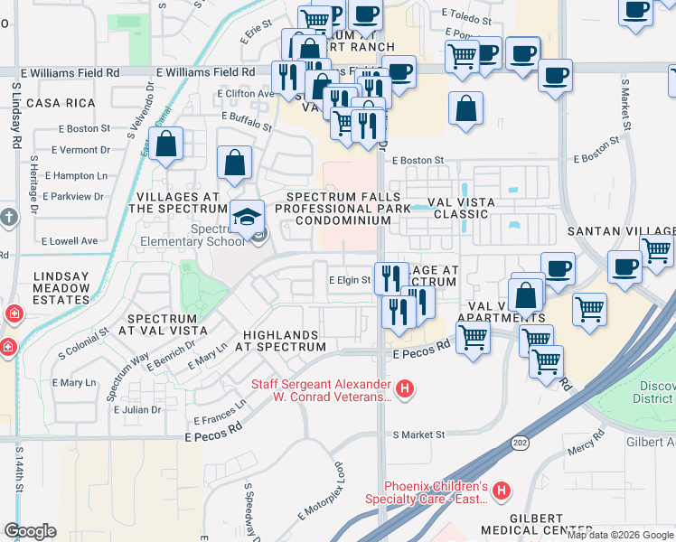 map of restaurants, bars, coffee shops, grocery stores, and more near 1514 East Elgin Street in Gilbert