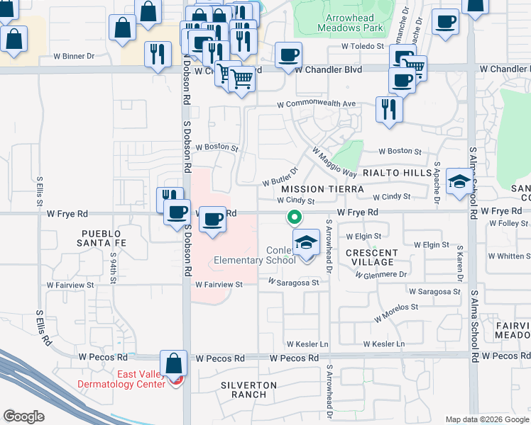 map of restaurants, bars, coffee shops, grocery stores, and more near 1709 West Frye Road in Chandler