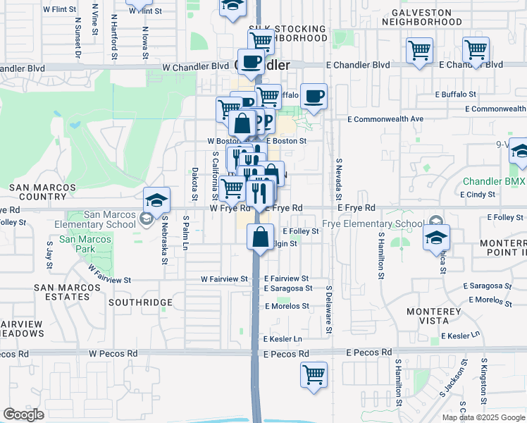 map of restaurants, bars, coffee shops, grocery stores, and more near 303 Arizona 87 in Chandler