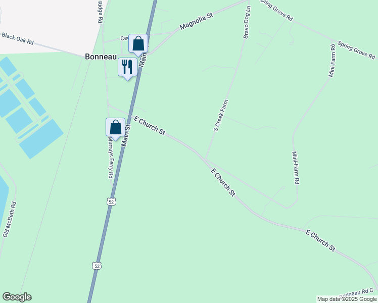 map of restaurants, bars, coffee shops, grocery stores, and more near 171 East Church Street in Bonneau