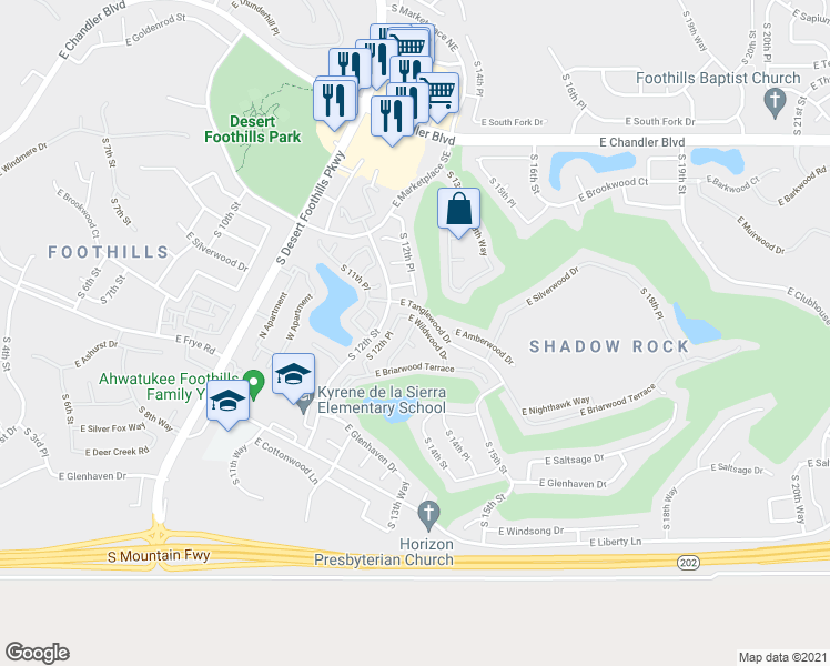map of restaurants, bars, coffee shops, grocery stores, and more near 16231 South 13th Street in Phoenix