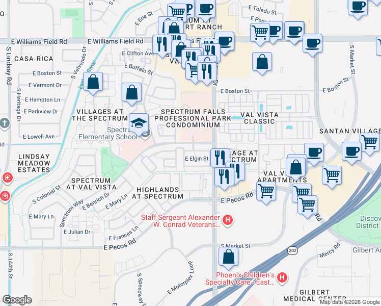 map of restaurants, bars, coffee shops, grocery stores, and more near 1514 East Elgin Street in Gilbert