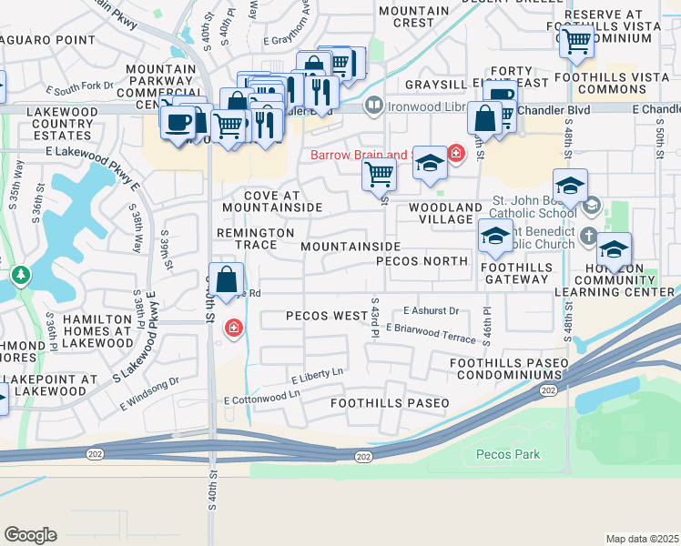 map of restaurants, bars, coffee shops, grocery stores, and more near 4233 East Tanglewood Drive in Phoenix