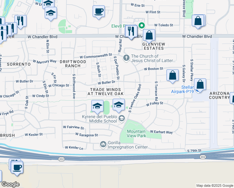 map of restaurants, bars, coffee shops, grocery stores, and more near 12 South Oak Street in Chandler