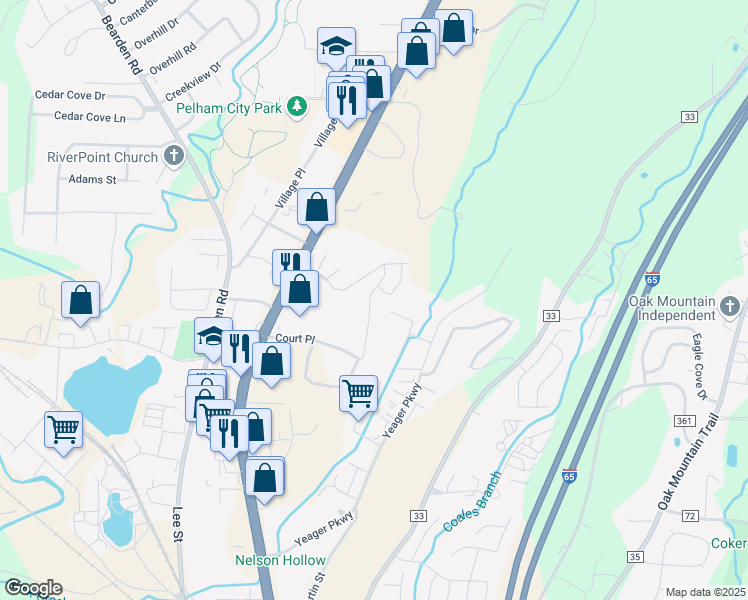 map of restaurants, bars, coffee shops, grocery stores, and more near 125 Canyon Trail in Pelham