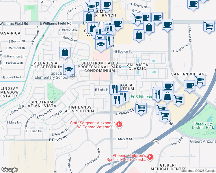 map of restaurants, bars, coffee shops, grocery stores, and more near 1573 East Joseph Way in Gilbert