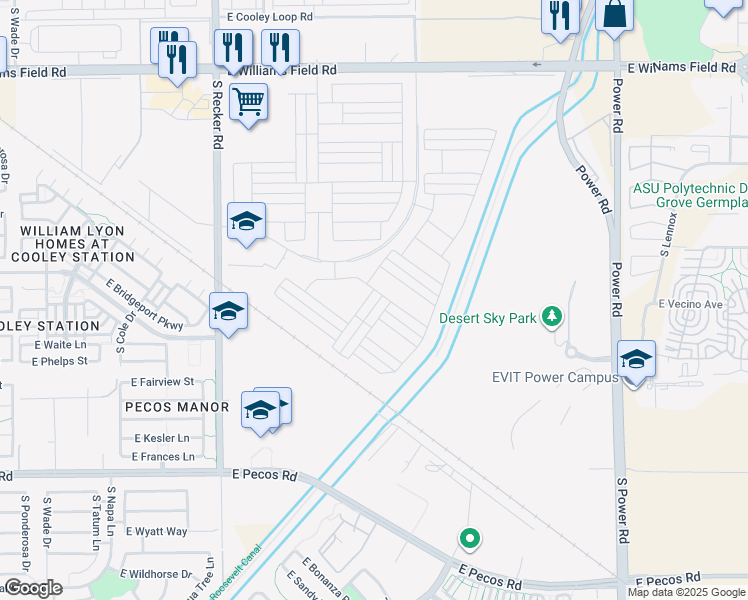 map of restaurants, bars, coffee shops, grocery stores, and more near 2867 South Bar Diamond Street in Gilbert