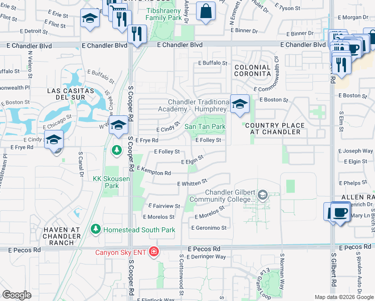 map of restaurants, bars, coffee shops, grocery stores, and more near 2273 East Folley Street in Chandler