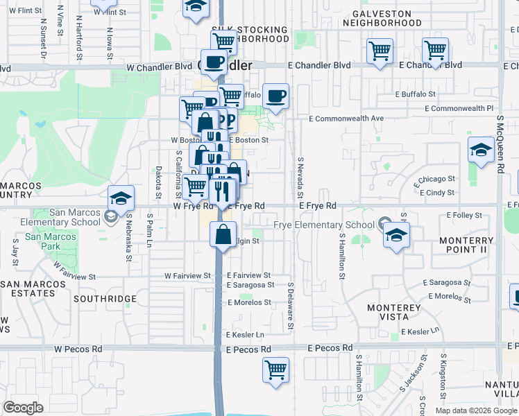 map of restaurants, bars, coffee shops, grocery stores, and more near 155 East Frye Road in Chandler