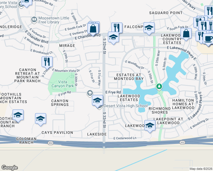 map of restaurants, bars, coffee shops, grocery stores, and more near 16240 South 32nd Place in Phoenix