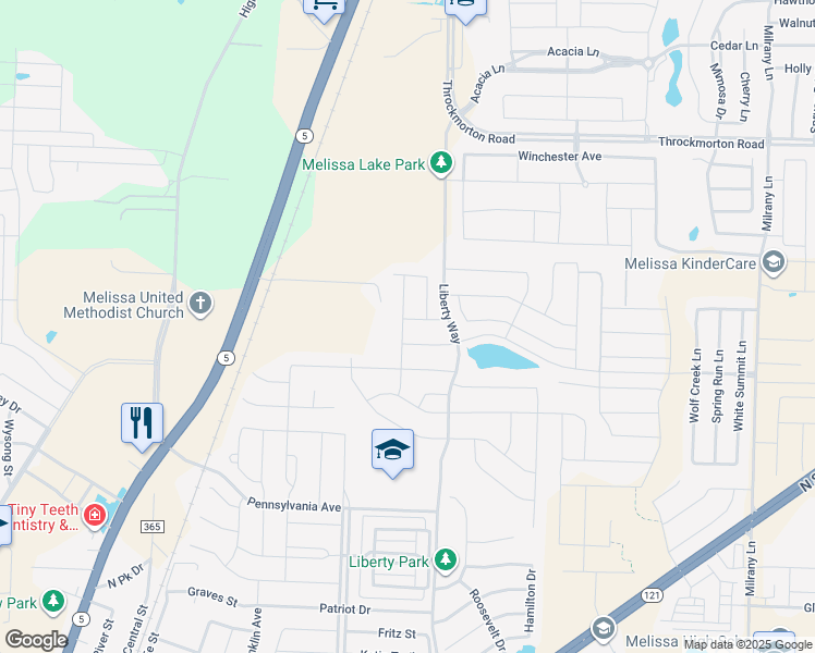 map of restaurants, bars, coffee shops, grocery stores, and more near 2504 Williamsburg Drive in Melissa