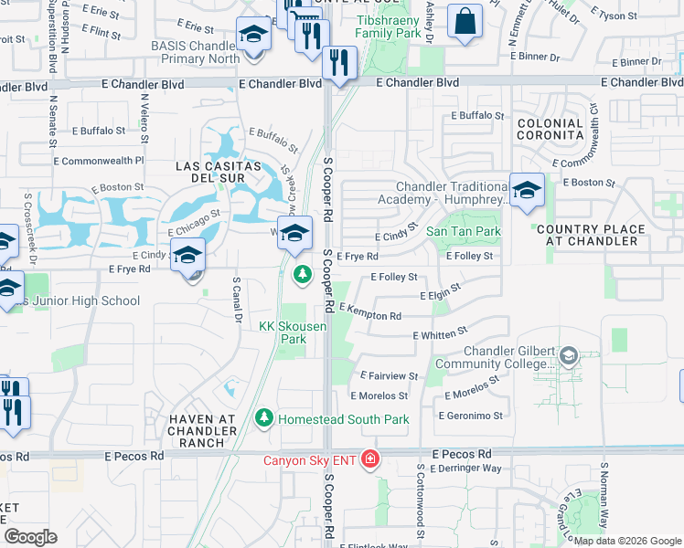 map of restaurants, bars, coffee shops, grocery stores, and more near 300 South Cooper Road in Chandler