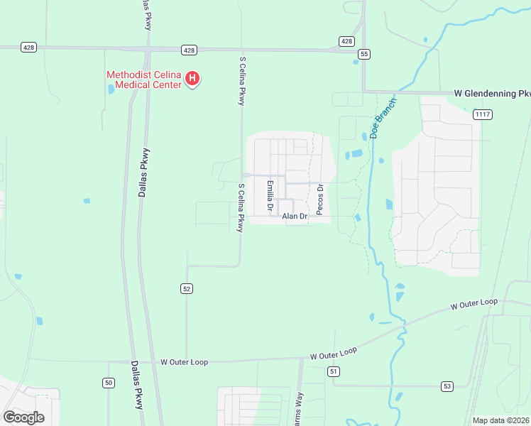 map of restaurants, bars, coffee shops, grocery stores, and more near 1516 Alan Drive in Celina