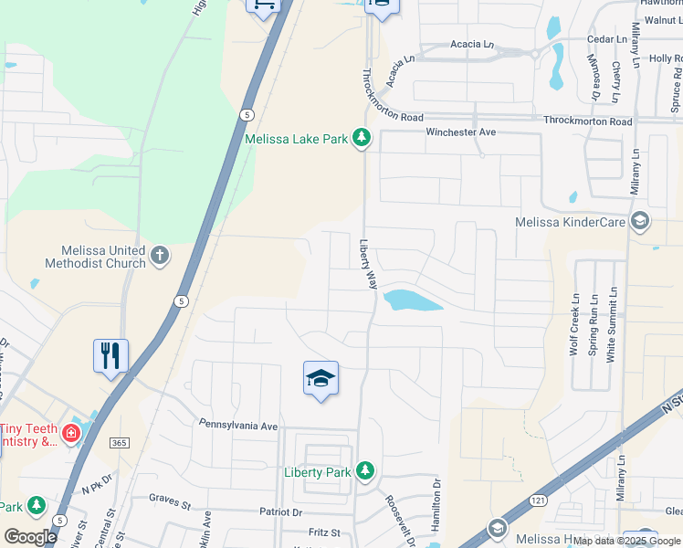 map of restaurants, bars, coffee shops, grocery stores, and more near 2504 Williamsburg Drive in Melissa