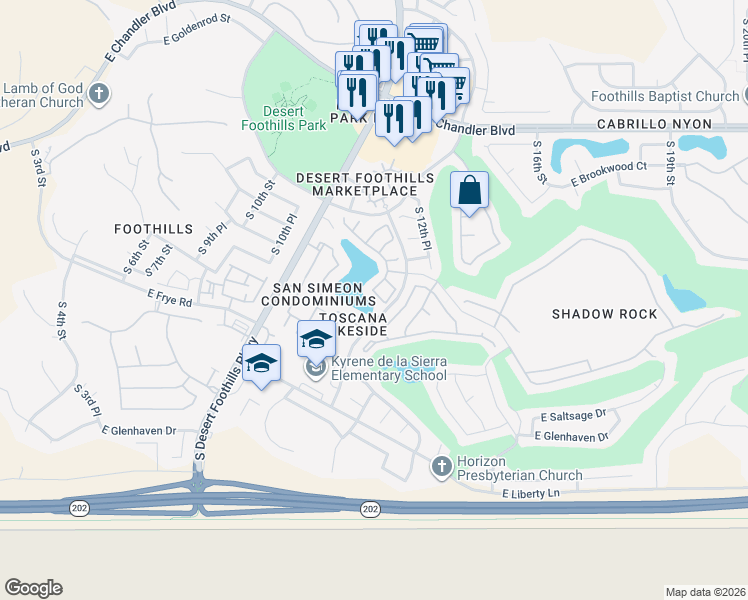 map of restaurants, bars, coffee shops, grocery stores, and more near 1151 East Frye Road in Phoenix