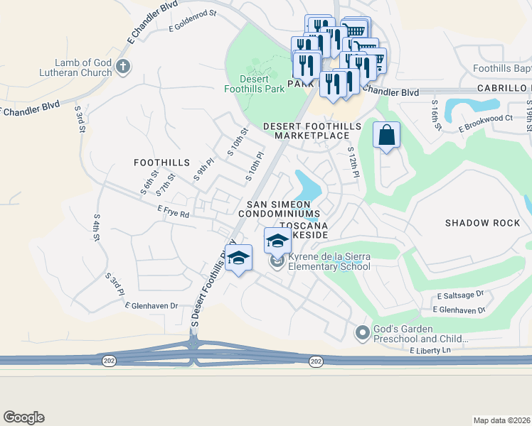 map of restaurants, bars, coffee shops, grocery stores, and more near 16013 South Desert Foothills Parkway in Phoenix