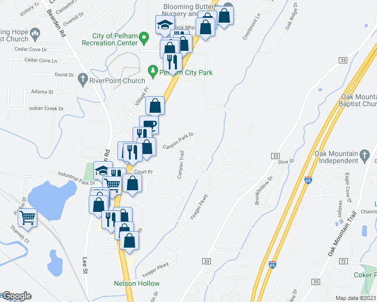 map of restaurants, bars, coffee shops, grocery stores, and more near 131 Canyon Park Place in Pelham