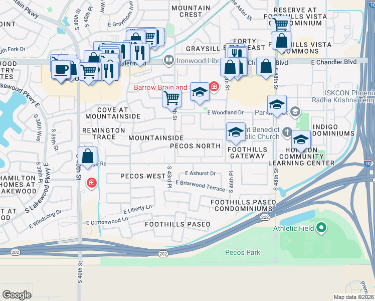 map of restaurants, bars, coffee shops, grocery stores, and more near 4427 East Tanglewood Drive in Phoenix