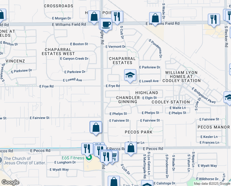 map of restaurants, bars, coffee shops, grocery stores, and more near 3320 East Elgin Street in Gilbert