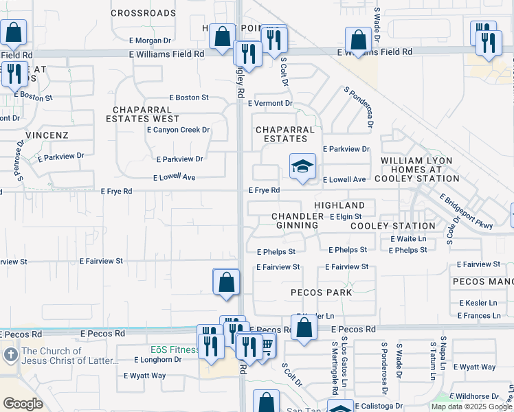 map of restaurants, bars, coffee shops, grocery stores, and more near 3237 East Joseph Way in Gilbert