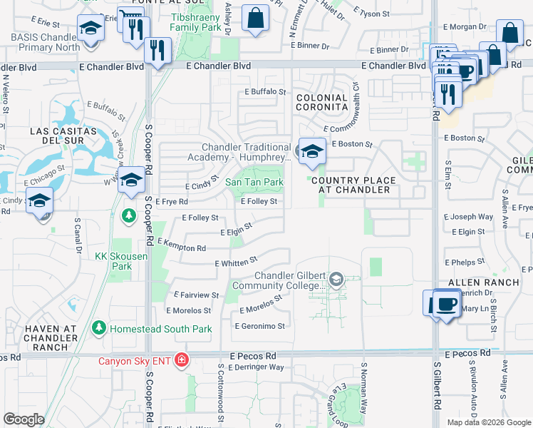 map of restaurants, bars, coffee shops, grocery stores, and more near 2461 East Elgin Street in Chandler