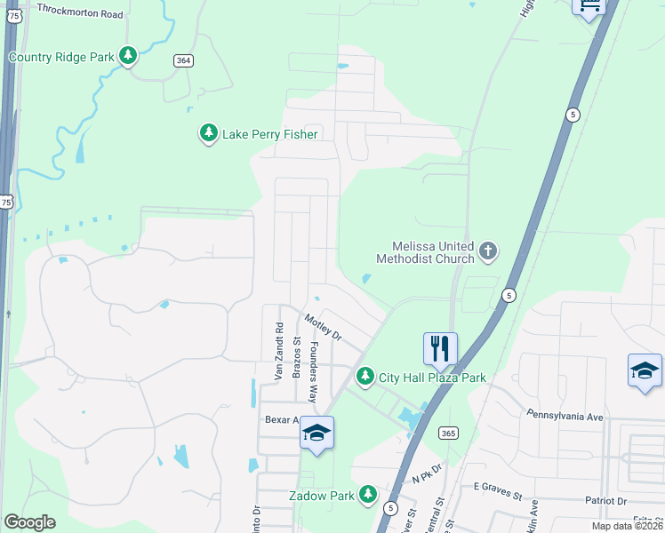 map of restaurants, bars, coffee shops, grocery stores, and more near 3703 Mason Drive in Melissa