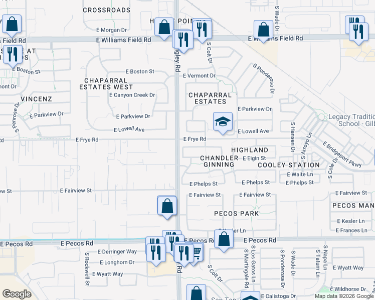 map of restaurants, bars, coffee shops, grocery stores, and more near 3237 East Joseph Way in Gilbert
