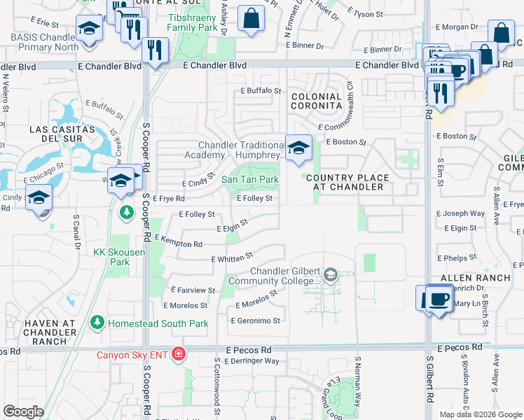 map of restaurants, bars, coffee shops, grocery stores, and more near 2461 East Elgin Street in Chandler