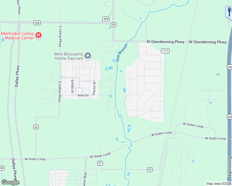 map of restaurants, bars, coffee shops, grocery stores, and more near 5601 Pvt Road 5281 in Celina