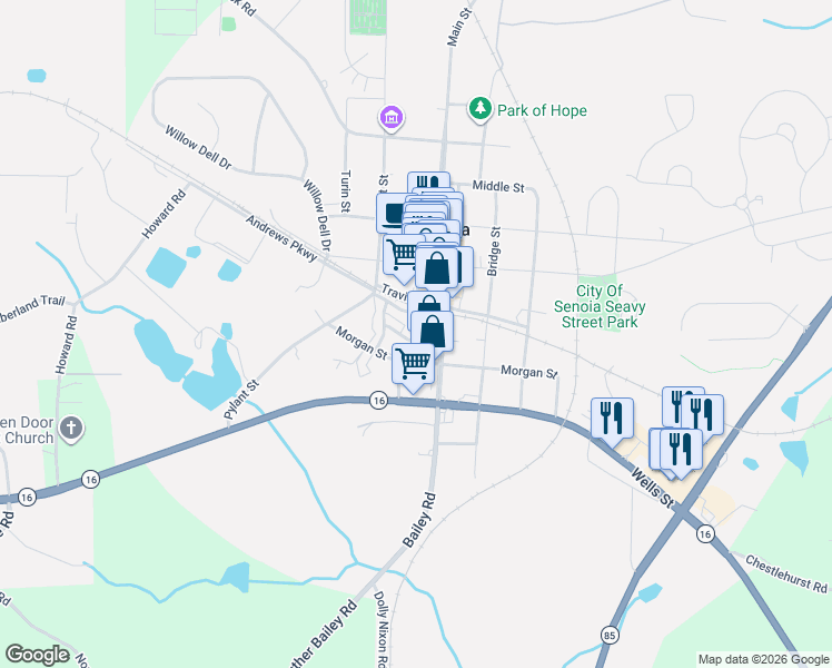 map of restaurants, bars, coffee shops, grocery stores, and more near 31 Baggarly Way in Senoia
