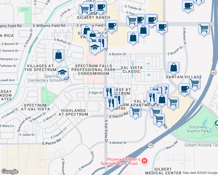 map of restaurants, bars, coffee shops, grocery stores, and more near 2832 South Brett Street in Gilbert