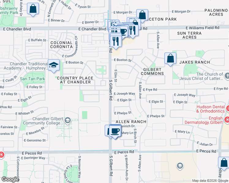 map of restaurants, bars, coffee shops, grocery stores, and more near 35 East Joseph Way in Gilbert