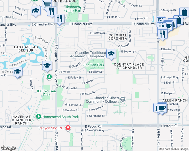 map of restaurants, bars, coffee shops, grocery stores, and more near 2410 East Elgin Street in Chandler