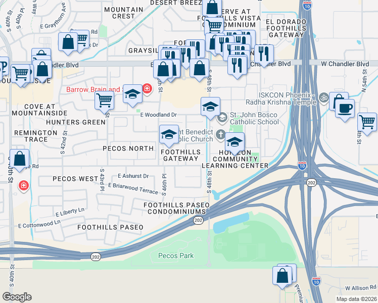 map of restaurants, bars, coffee shops, grocery stores, and more near 16242 South 47th Street in Phoenix