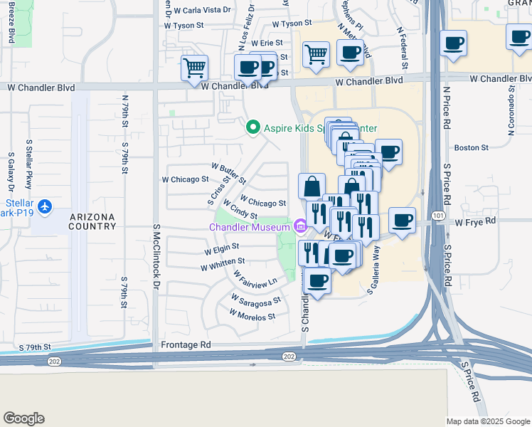 map of restaurants, bars, coffee shops, grocery stores, and more near 3614 West Folley Street in Chandler