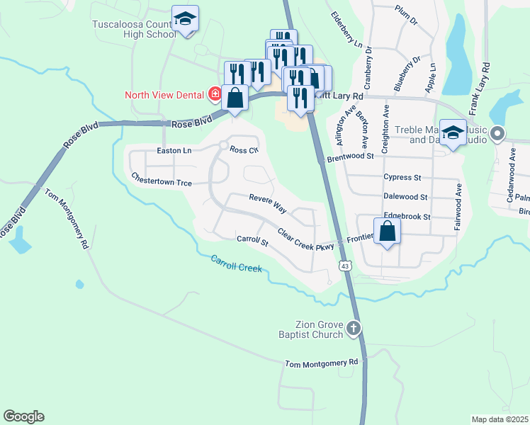 map of restaurants, bars, coffee shops, grocery stores, and more near 4510 Clear Creek Parkway in Northport