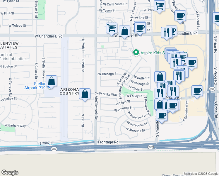 map of restaurants, bars, coffee shops, grocery stores, and more near 3919 West Denver Street in Chandler