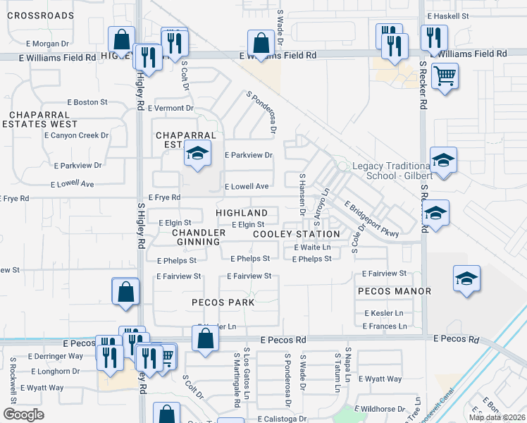 map of restaurants, bars, coffee shops, grocery stores, and more near 3524 East Elgin Street in Gilbert