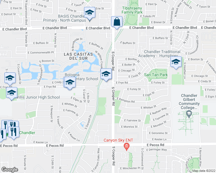 map of restaurants, bars, coffee shops, grocery stores, and more near Frye Road in Chandler