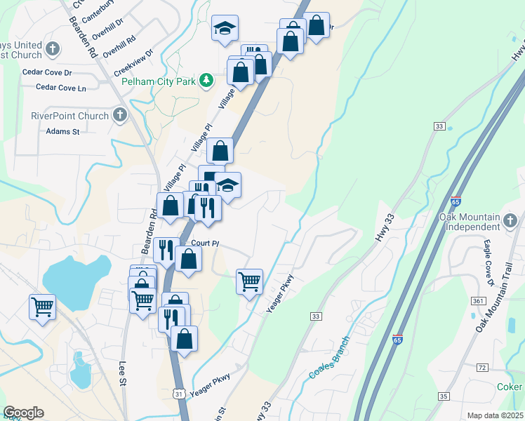 map of restaurants, bars, coffee shops, grocery stores, and more near 139 Canyon Park Place in Pelham
