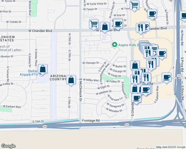 map of restaurants, bars, coffee shops, grocery stores, and more near 3919 West Denver Street in Chandler