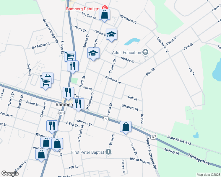 map of restaurants, bars, coffee shops, grocery stores, and more near 117 3rd Street in Bamberg