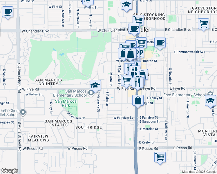 map of restaurants, bars, coffee shops, grocery stores, and more near 401 West Frye Road in Chandler
