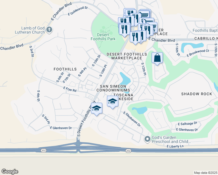 map of restaurants, bars, coffee shops, grocery stores, and more near 16013 South Desert Foothills Parkway in Phoenix