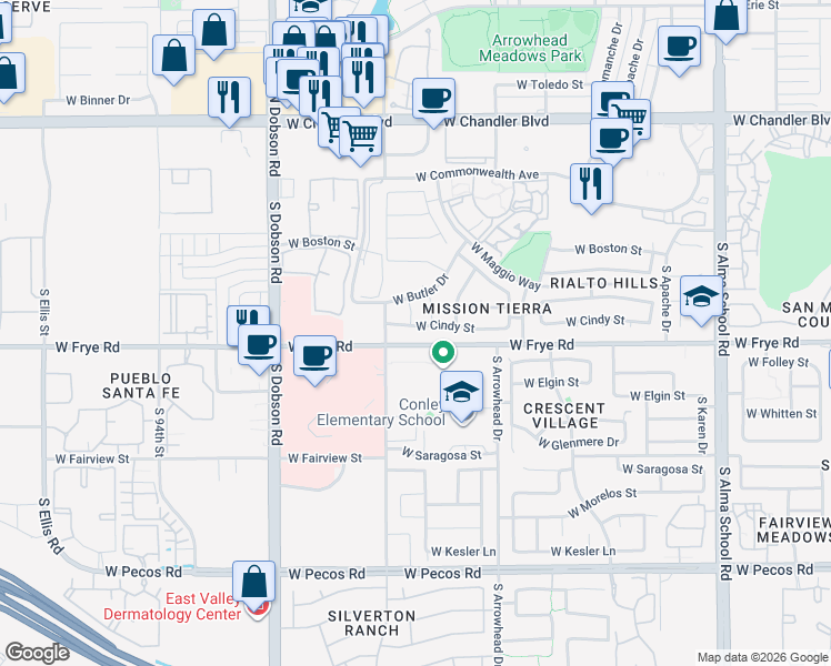 map of restaurants, bars, coffee shops, grocery stores, and more near 1709 West Frye Road in Chandler