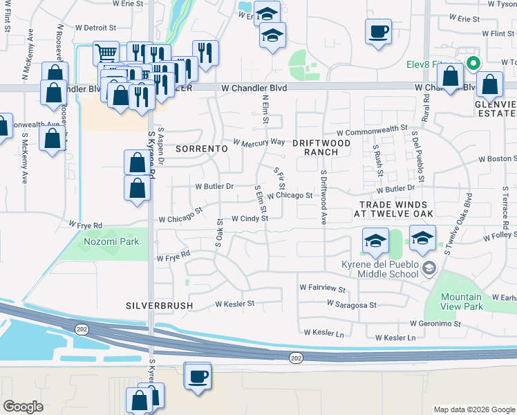map of restaurants, bars, coffee shops, grocery stores, and more near 5607 West Cindy Street in Chandler
